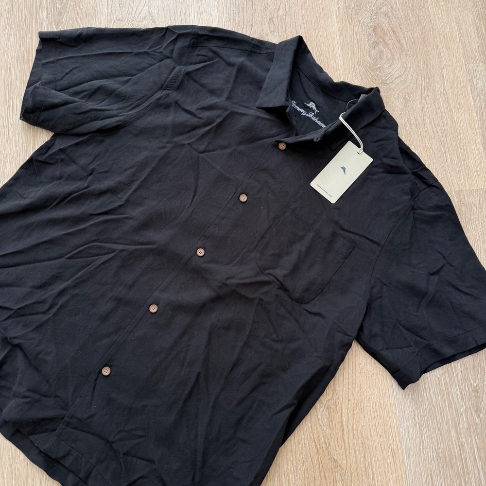 Tommy Bahama Lets Get It Poppin Silk Camp Shirt Mens Small Black Embroidered NWT